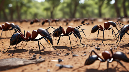 Fototapeta premium Within the Colossal Hive, giant ants march in disciplined ranks, their movements synchronized as they defend their queen and gather resources for the sprawling colony, Generative AI