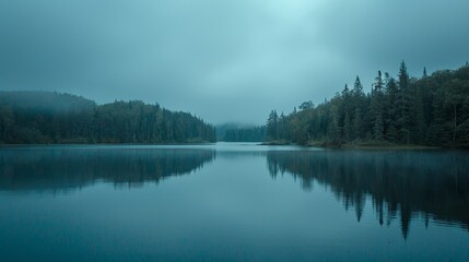 A lake with a foggy sky in the background