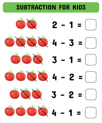 Mathematical game with tomatoes for kindergarten and preschoolers. Subtraction game. Vector illustration. Printable sheet