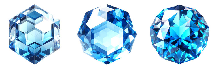 3D crystal hexagon gemstone, reflective facets in varying shades of blue