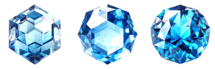 3D crystal hexagon gemstone, reflective facets in varying shades of blue