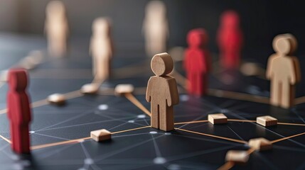 A wooden figure stands in the middle of a network of other figures