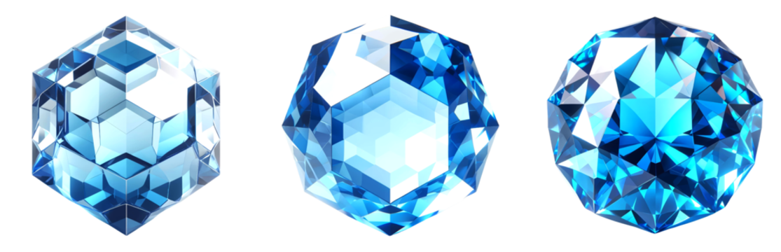 3D crystal hexagon gemstone, reflective facets in varying shades of blue