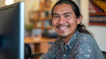Professional Indigenous Man Working in Modern Office Setting, Smiling, and Confident