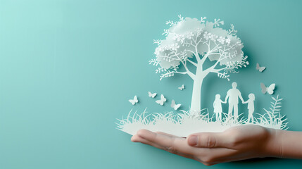 Woman's hand delicately cradling a paper cutout of a family tree, with the silhouette of a man and child standing beside it, symbolizing the unity and legacy of family bonds   through generations.