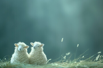 Against a lush green backdrop, two fairytale sheep recline on the soft grass,inviting viewers into a realm where imagination and nature seamlessly intertwine.
