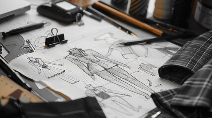 Fashion Design. Fashion Designer Creative Workshop with Stylish Sketches and Textile Fabric for Costume Tailoring