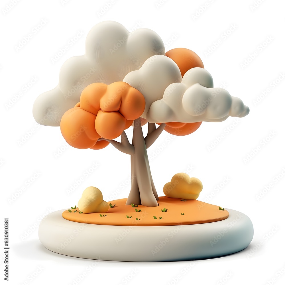 Aufkleber Whimsical 3D Organic Clay Tree with Floating Clouds on Simple White Background
