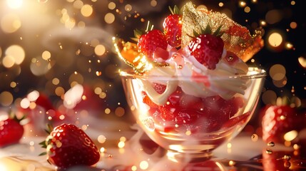 A delightful dessert of strawberries and cream in a glass bowl, captured with a sparkling bokeh background, creating an inviting and festive atmosphere.