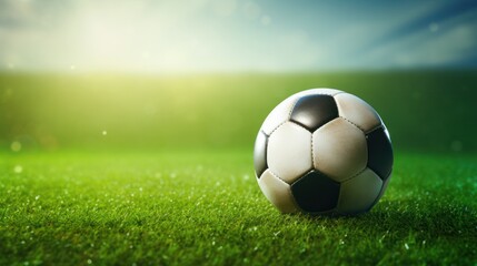 Fototapeta premium soccer ball on soccer field green field and sunlight