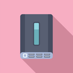 Modern, flat design icon of a portable power bank on a pink background