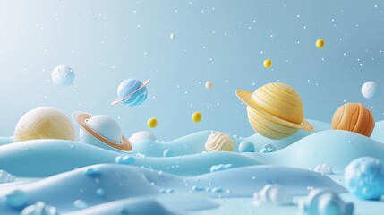 3D Abstract cosmic scene with colorful planets floating on a soft blue landscape, evoking an imaginative and dreamy view of space.