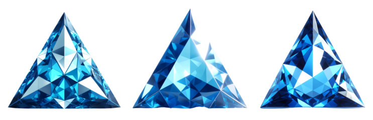 3D crystal triangle gemstone, reflective facets in varying shades of blue