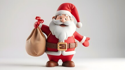 Cheerful Santa Claus 3D Clay Icon Holding Gift Sack with Festive Holiday Attire