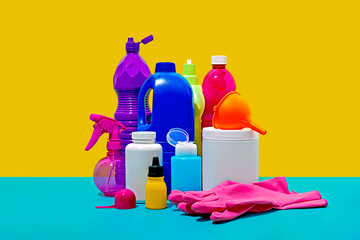 Still life of household cleaning products against yellow background