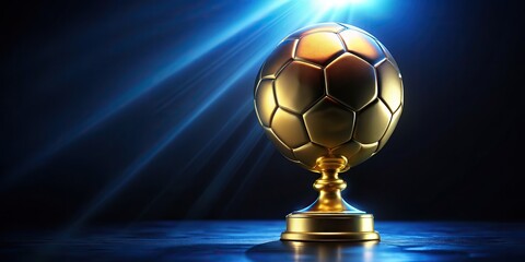 Gold soccer ball trophy cup in a blue light background.