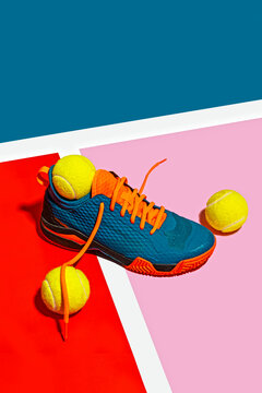 Padle sport shoe and yellow balls on colorful background