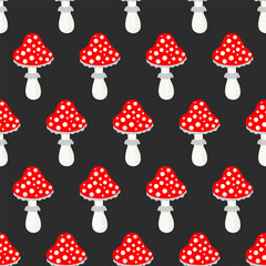 Seamless pattern with Mushroom fly agaric. Red mushroom with white spots toxic  mushroom repeating background. Vector illustration