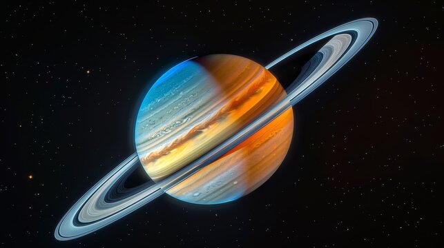 A large planet with a ring around it is floating in space