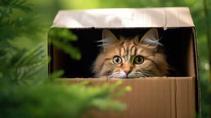 a cat peeks out of a cardboard box, a cute cat inside a box, a simple pet house