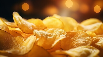 natural potato chips close-up, background golden texture fried potatoes, fast food