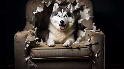 husky dog chewed and destroyed the sofa and sits on it, a portrait of a harmful dog at home