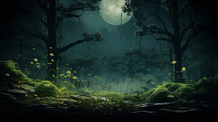 Obraz premium a night dream in a misty fabulous green forest art landscape