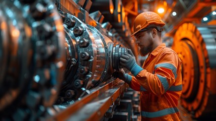 An engineer in high-visibility safety gear inspects or repairs complex industrial machinery at a factory