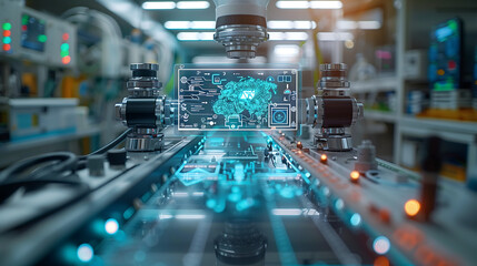futuristic machine with a holographic display showing data and AI integration in an industrial production line, in a high-tech factory interior background