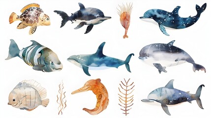 Fototapeta premium Vibrant Watercolor Aquatic Animal Icon Set on Isolated White Background
