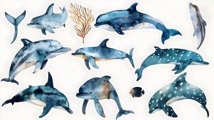 Vibrant Watercolor Icons of Diverse Aquatic Animals in an Oceanic Landscape
