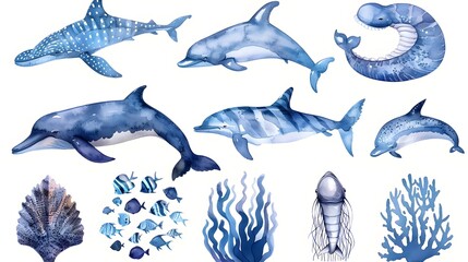 Watercolor Aquatic Animals Icons Set on White Background