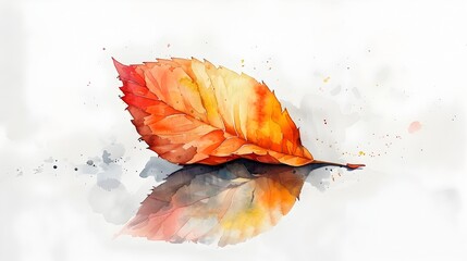 Vibrant Autumn Leaf Floating on Reflective Watercolor Background