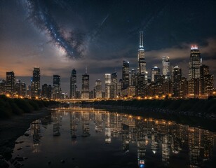 Naklejka premium Perseid Meteor Shower Above Urban Skyline at Night