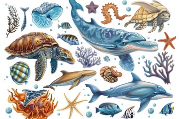 Naklejka premium Vibrant Underwater Scenery with Diverse Marine Life and Coral Reef Formations