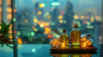 Thai massage oils on blurred background of Bangkok