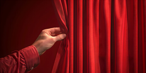 Hand reaching to red curtain.
