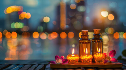 Thai massage oils on blurred background of Bangkok