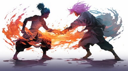 Animeinspired characters practicing martial arts, Fantasy, Vibrant colors, Digital art, Dynamic workoutwhite background,
