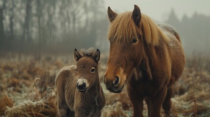 A brown horse and a foal stand close together in a misty, forested setting, showing a serene moment