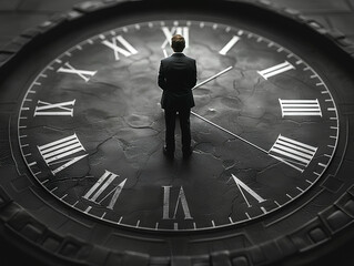 Mastery Over Time: Man in Business Suit Orchestrating a Giant Modern Clock with Oversized Pen as Baton, Symbolizing Effective Time Management. Generative AI.