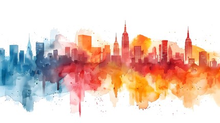 Vibrant Watercolor Cityscape Depiction of a Modern Metropolis Skyline with Skyscrapers and Architectural Landmarks in a Vivid Abstract and Palette