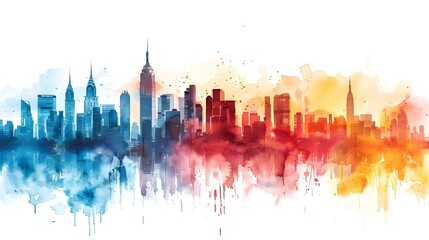 Vibrant Watercolor Cityscape in Bold Hues on White Background