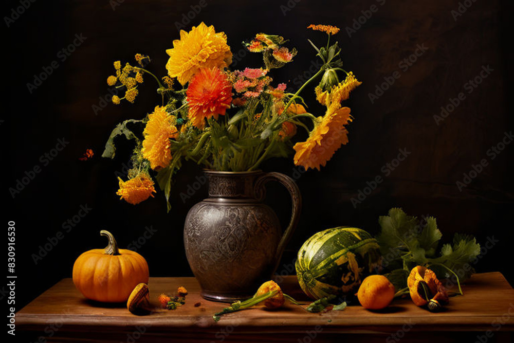 Sticker still life with pumpkins and flowers