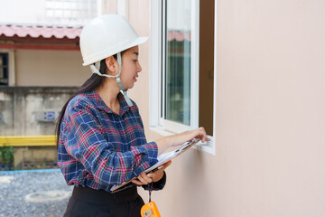 Asian female home inspector in white helmet checking window frame with clipboard. Scene represents...