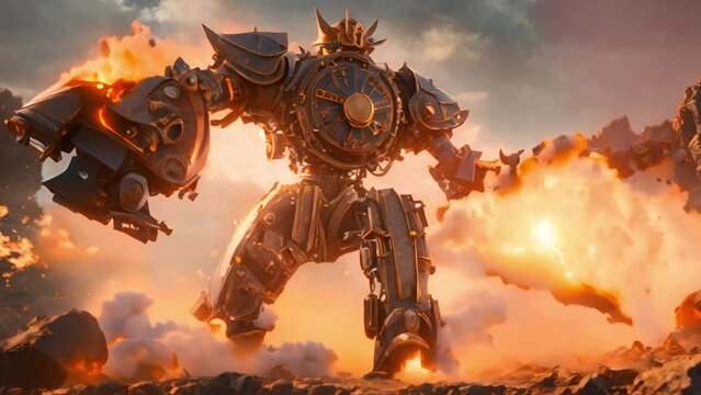 A powerful armored robot stands amidst an explosive backdrop, exuding strength and action