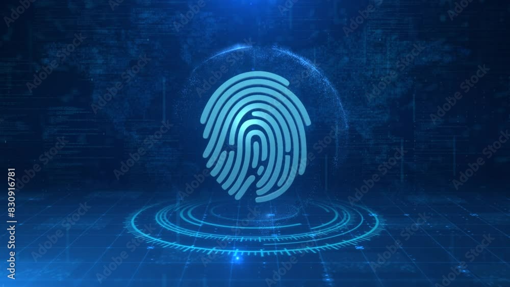 Wall mural rotating futuristic 3d fingerprint icon over digital globe and world map