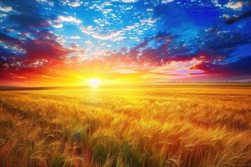 Fototapeta premium Fields at Sunrise: Beautiful Rural Landscape with Colorful Summer Sky