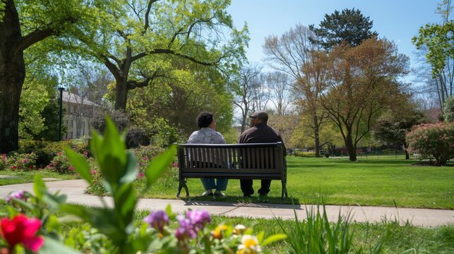 Serene Urban Park Bench, Diverse Individuals, Spring Day, Nature's Beauty, Tranquil Outdoor Scene - Powered by Adobe