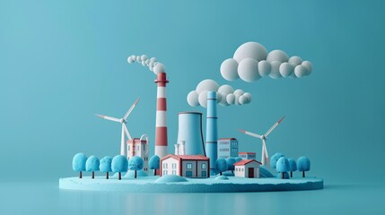 Obraz premium 3D Surreal artistic representation of an industrial landscape with wind turbines, chimneys, and paper cloud formations against a blue background.
